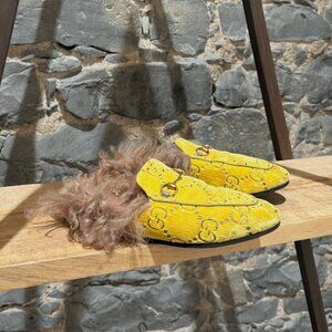 Gucci Yellow Velvet GG Princetown Fur-lined Slippers Mules
